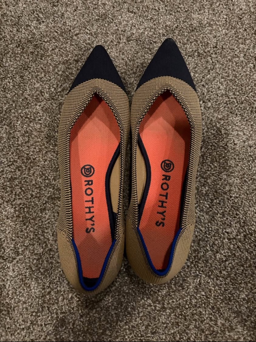 Rothy's Pointed Knit Flats in Tan, Black and Coral
